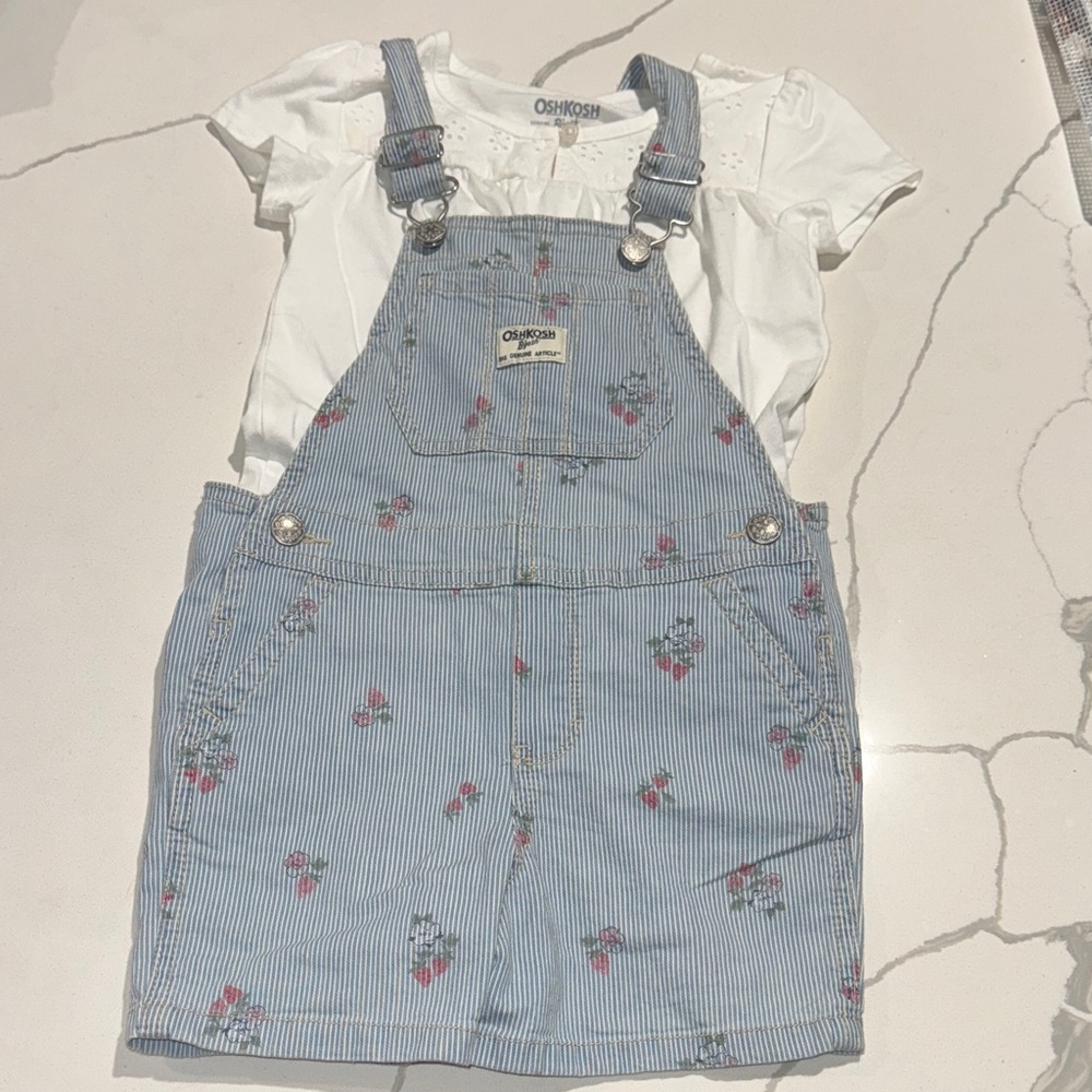 Oshkosh Denim Jean Shortall Overalls White Shirt Outfit 4T NWOT
